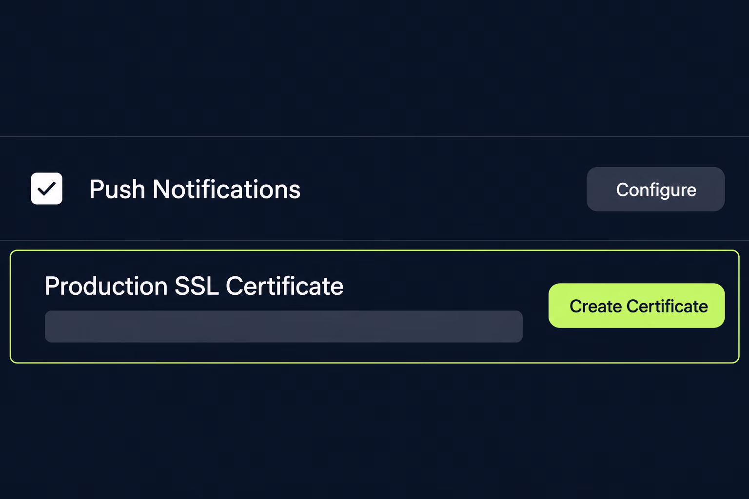 The Push Notifications capability in an Apple Developer App ID with a Production SSL Certificate section and a Create Certificate button