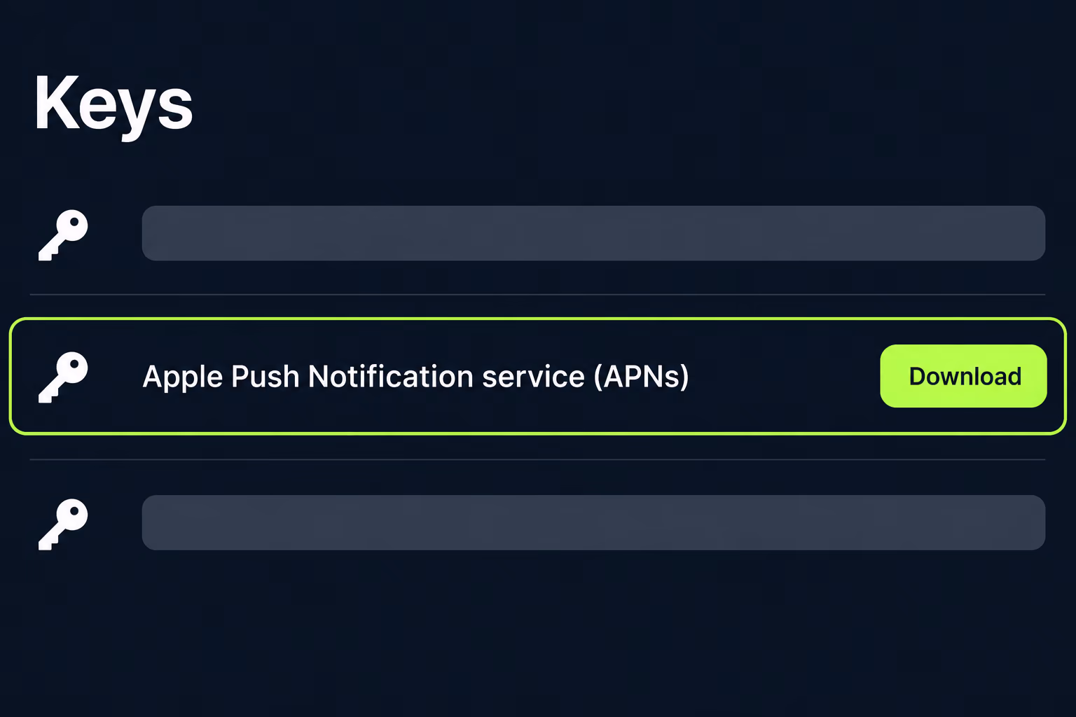 The Apple Developer Keys page with an Apple Push Notification service key and a Download button