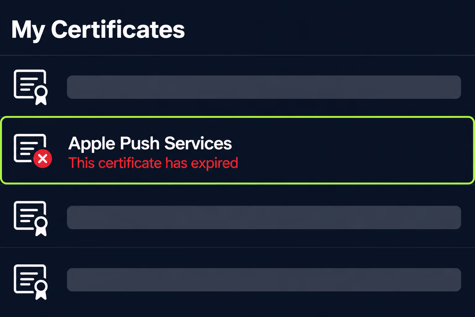 APNs certificate expired: Keychain Access listing an Apple Push Services certificate marked as expired