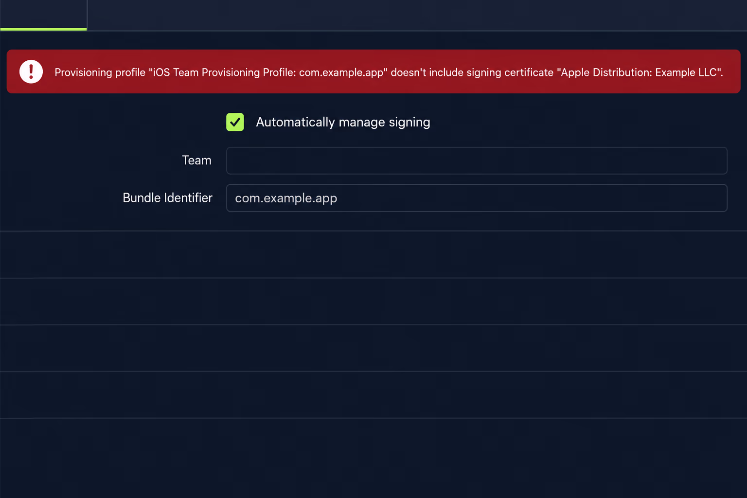Provisioning profile doesn't include signing certificate: the red error in the Xcode Signing and Capabilities pane