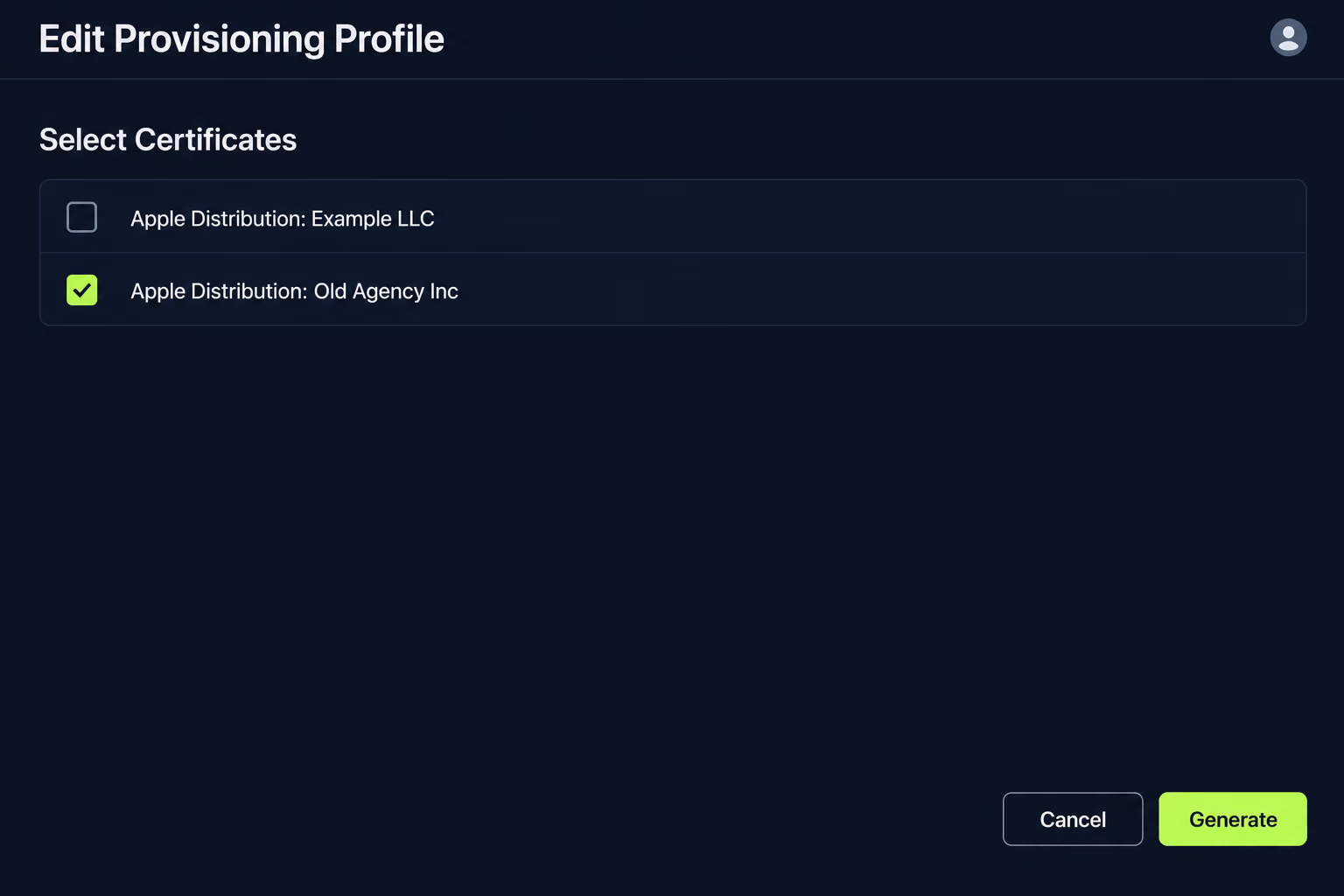 The Edit Provisioning Profile page with a list of certificates and a Generate button