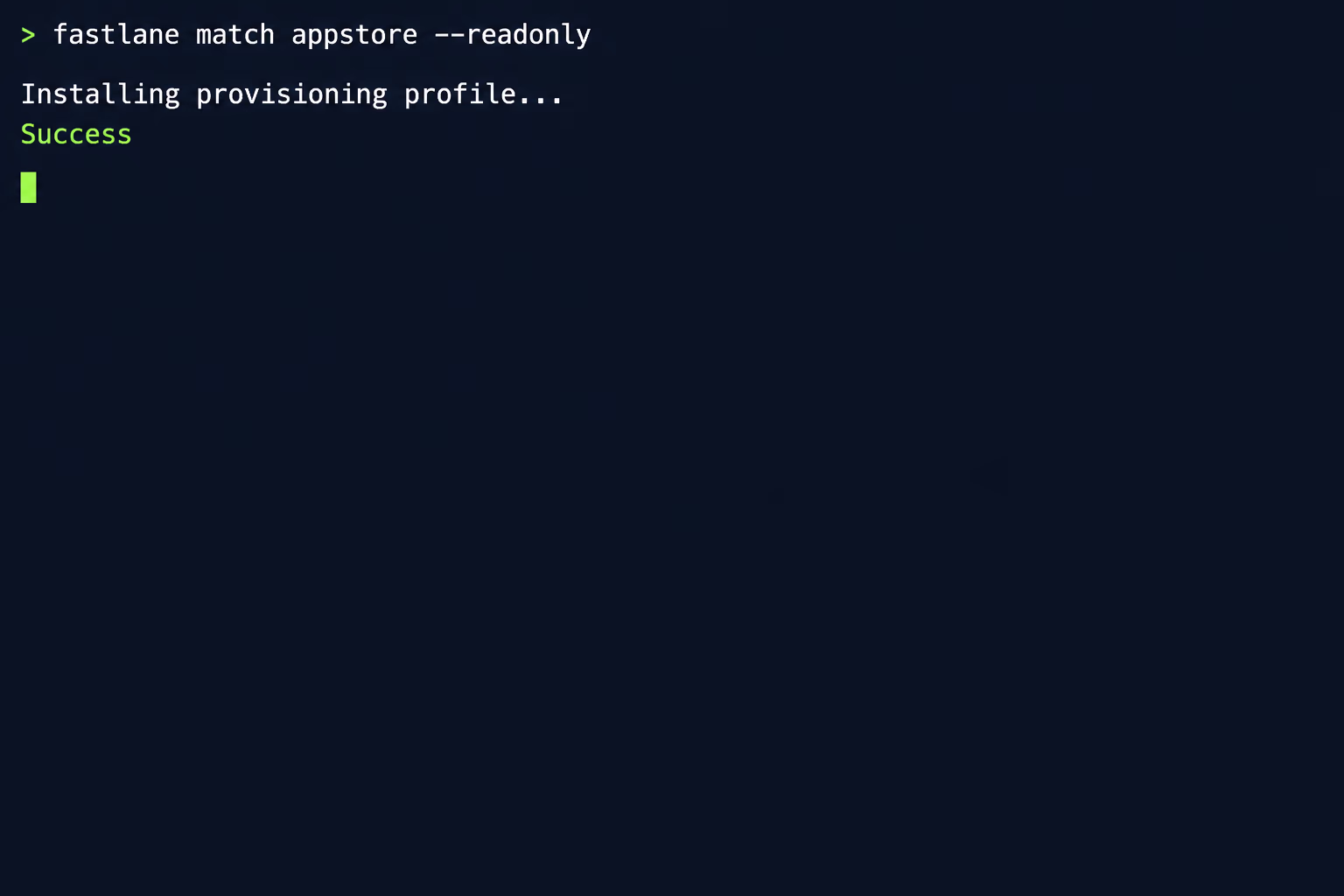 A terminal running fastlane match appstore with the readonly option and a Success line